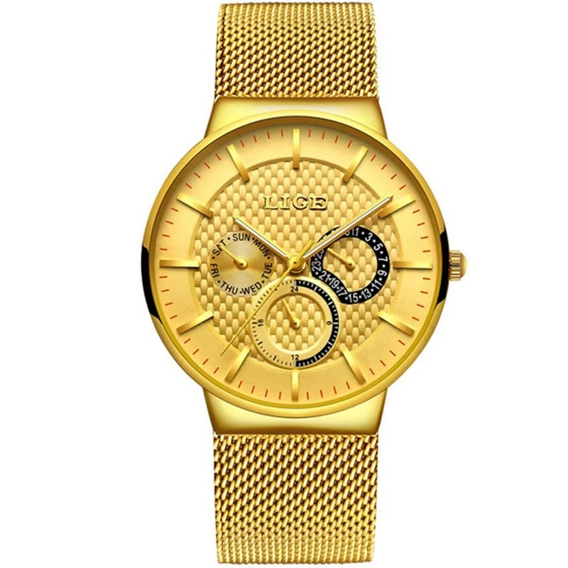 LIGE 9836 Golden Men's Watches Luxury Fashion Quartz for Watch