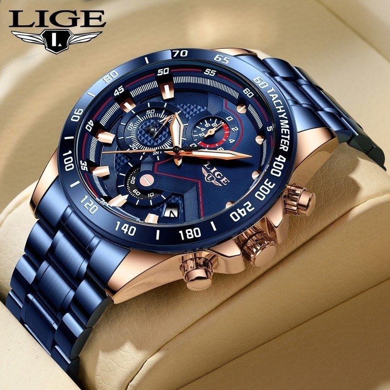 LIGE 9982 Fashion Mens Watches Stainless Steel Top Brand Luxury Sport Chronograph Quartz WithWatch