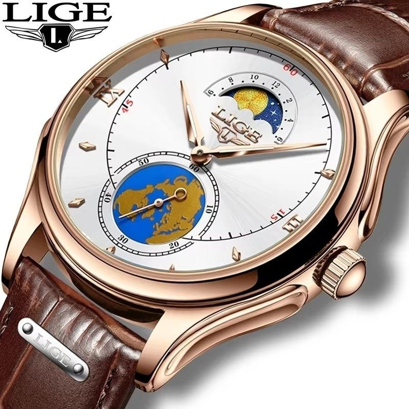 LIGE LG8952 Fashion Black Male Quartz Watch Men Genuine Leather Strap