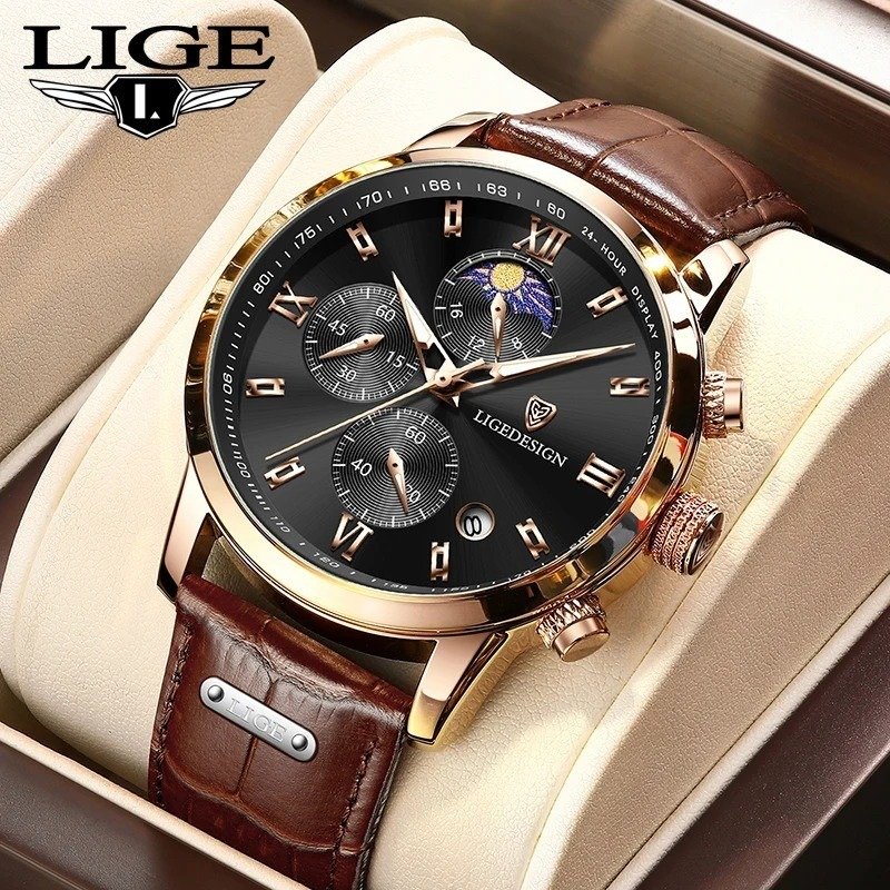 LIGE 8951 Top Brand Watch Men Soft leather Business Date Clock Waterproof Luminous Watches Mens Luxury Sport Quartz Wrist Watch