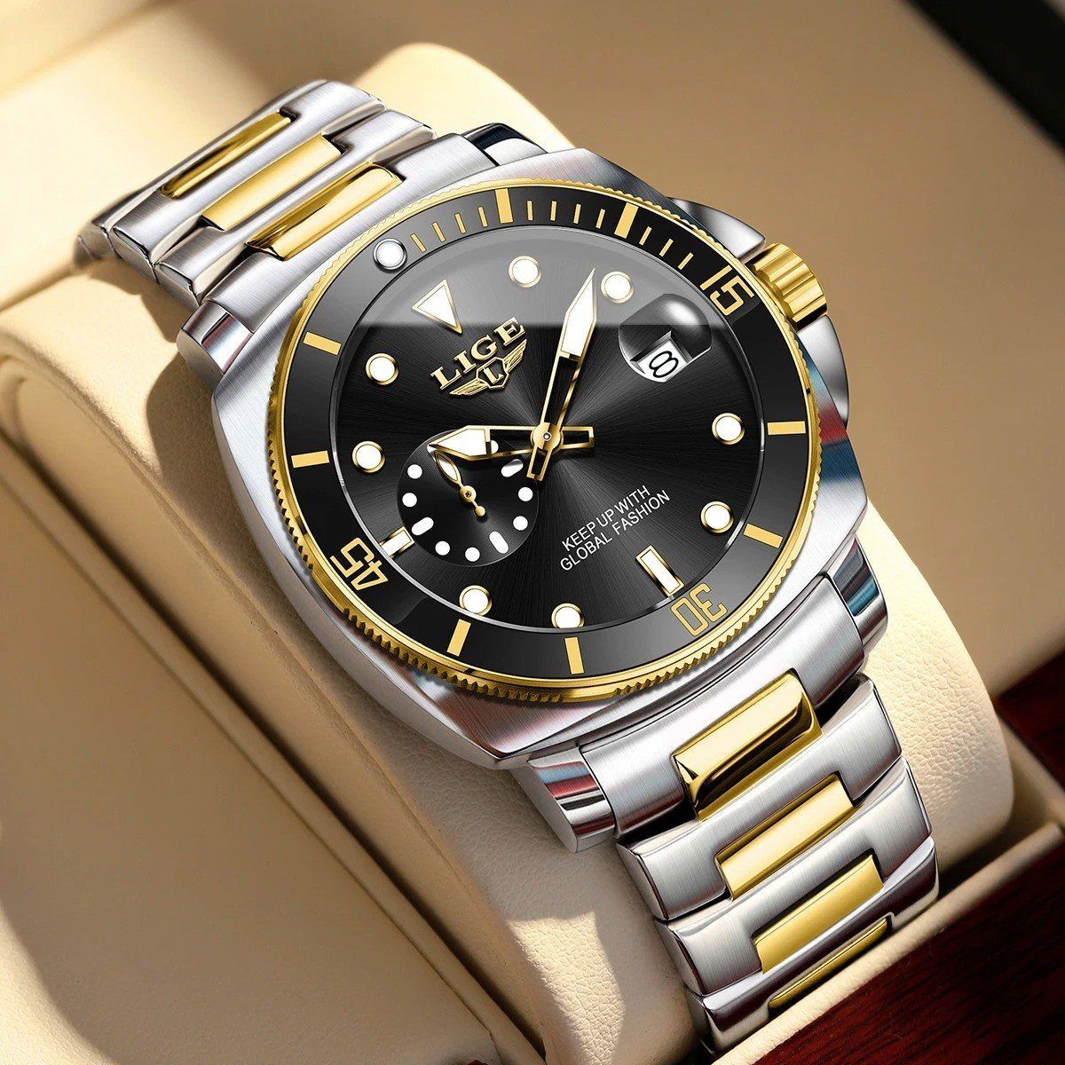LIGE 89287 Black Luxury Men's Quartz Watch 30M Waterproof Luminous Stainless Steel Business Casual Wristwatch